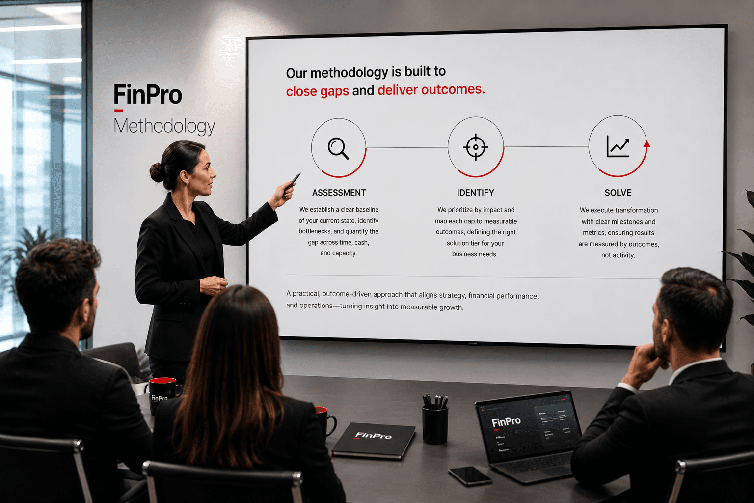 FinPro methodology presented in a boardroom: Assessment, Identify, Solve