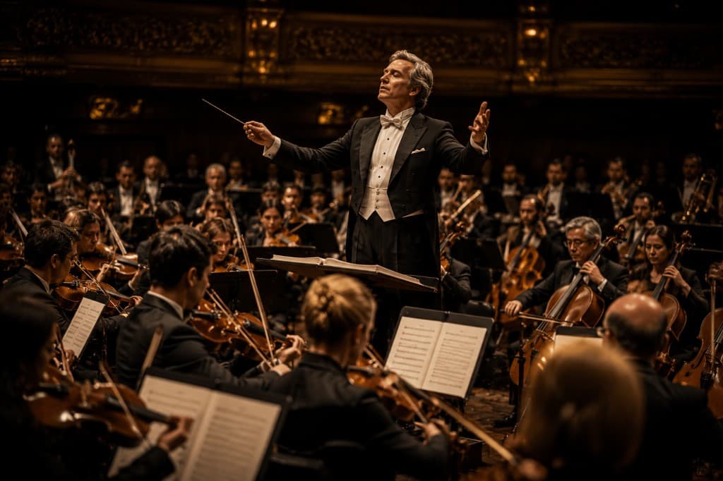 Orchestra conductor leading a symphony, symbolising orchestration and operational coordination