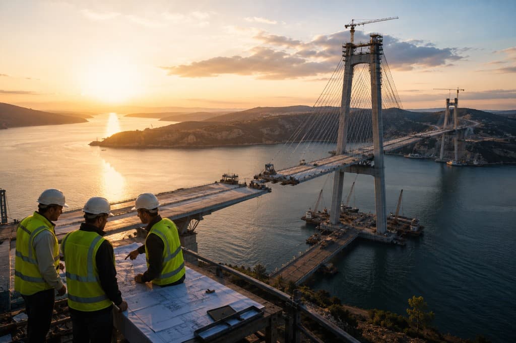 Engineers constructing a bridge, symbolising connecting systems, teams and processes