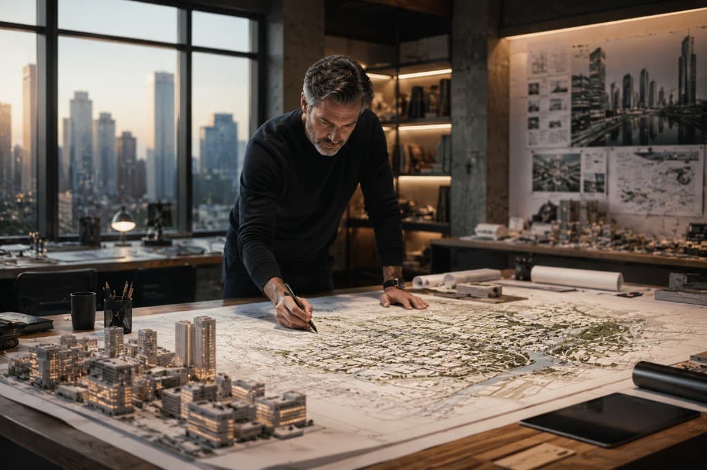Architect reviewing a city blueprint, symbolising strategic planning before execution