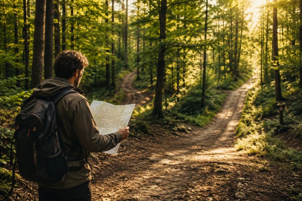 Explorer at a crossroads in a forest, symbolising discovery and understanding the current state