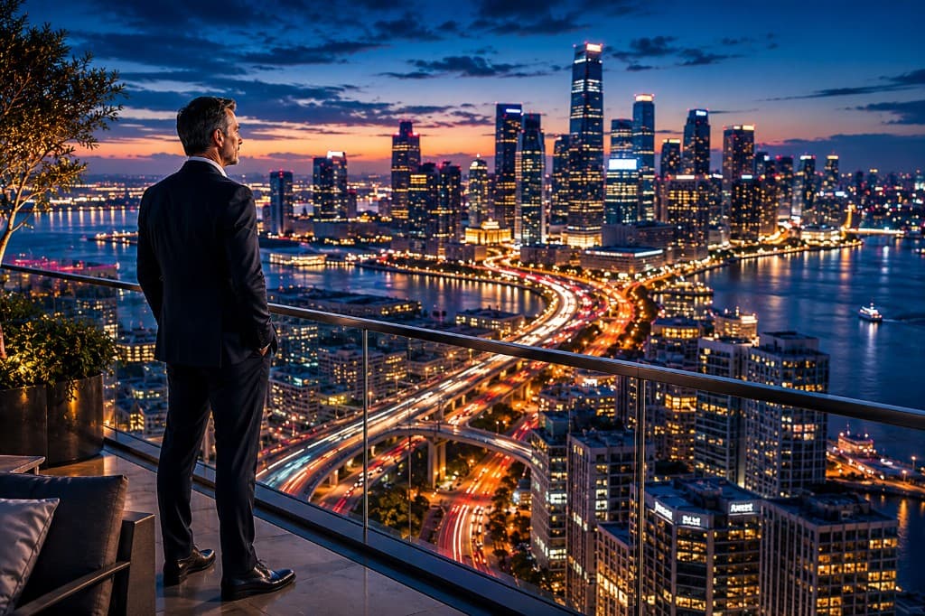 Executive overlooking a city skyline, symbolising scale, growth and long-term success