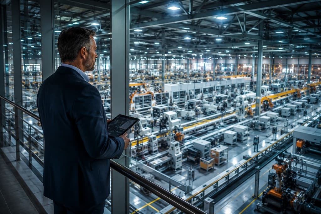 Executive overlooking a factory floor with a tablet, symbolising KPI visibility and operational control