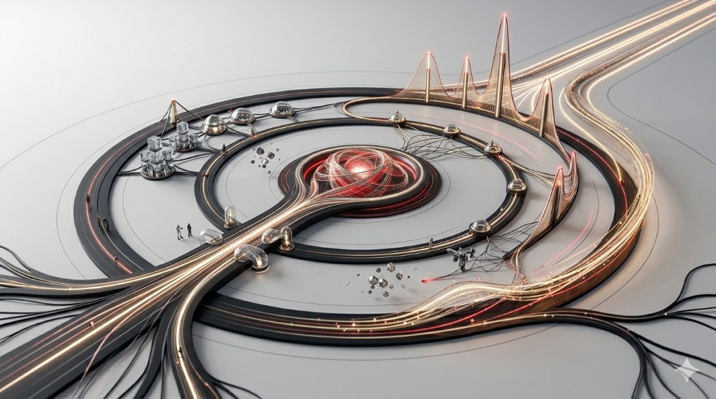 Abstract 3D visualization of an intelligence ecosystem, data flows, connected systems, and a central core