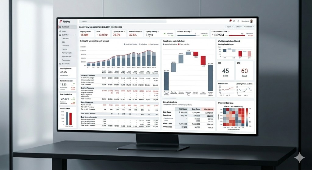 FinPro cash flow and liquidity intelligence, 13-week forecast, working capital, and treasury positioning