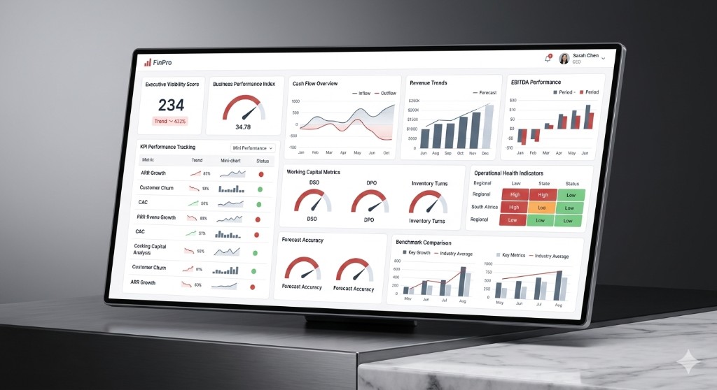 FinPro executive visibility dashboard, KPI tracking, benchmarks, and management reporting