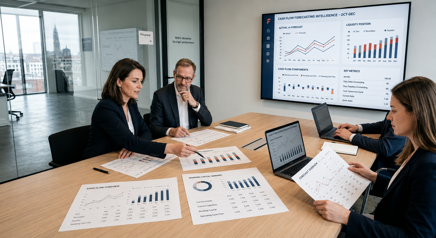 FinPro cash-flow forecasting review session in a boardroom